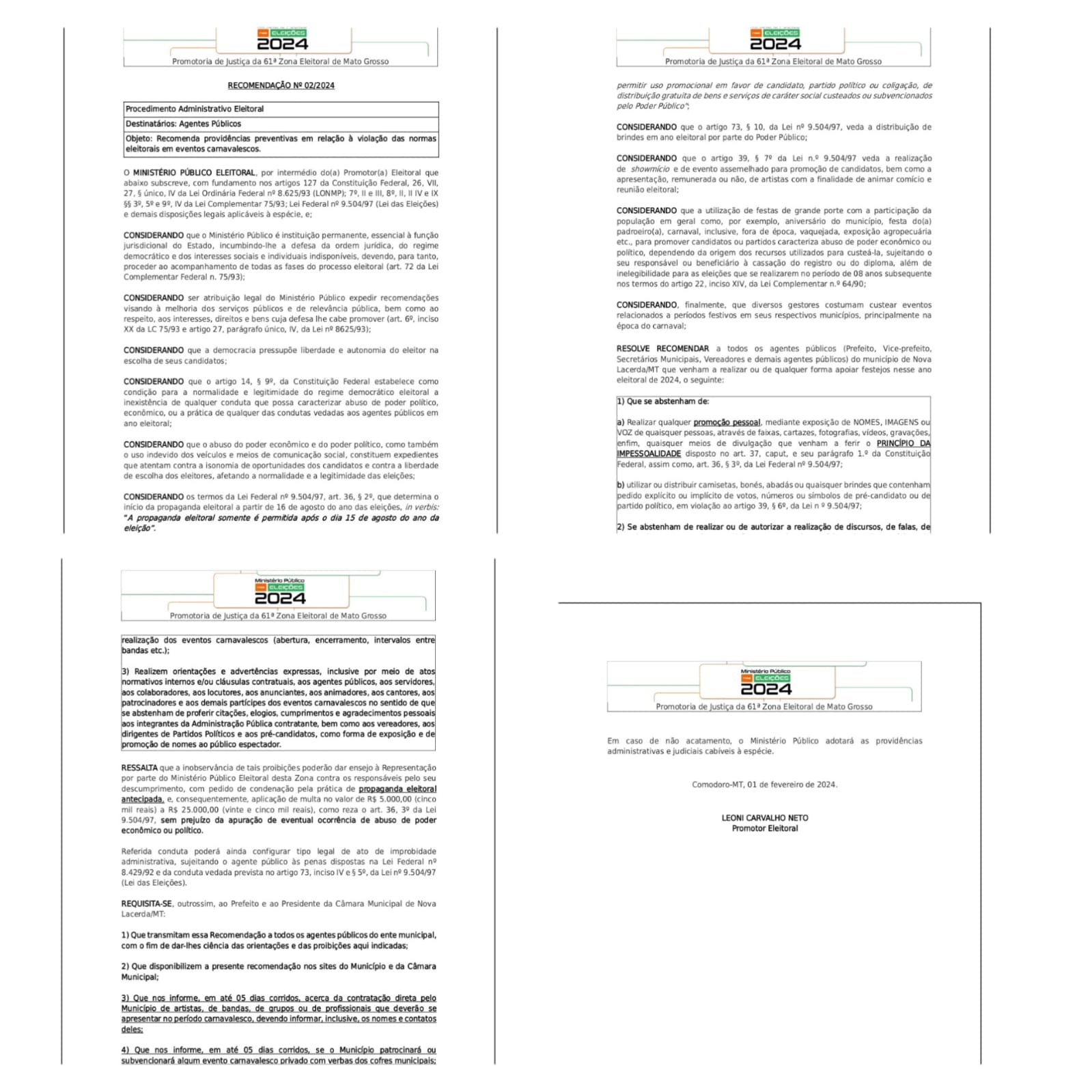 Promotoria de Justiça da 61ª Zona Eleitoral de Mato Grosso.      RECOMENDAÇÃO   Nº 02/2024